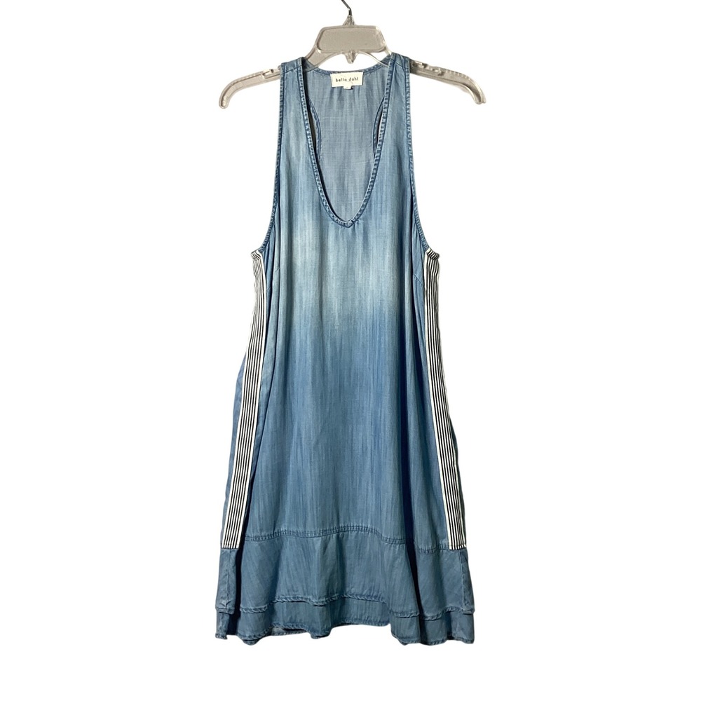 Bella Dahl Chambray Dress Women Large Blue Tencel Racerback Striped Side Trim